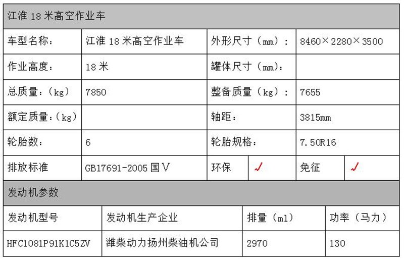 江淮18米高空作業(yè)車配置